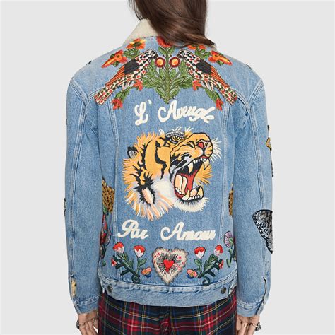 gucci tiger print jacket replica|gucci denim jacket embroidered rep.